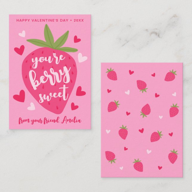 Cartão De Notas Cute Strawberry Sweet Berries Hearts Valentines (Frente/Verso)