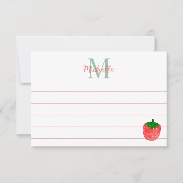 Cartão De Notas Cute Watercolor Strawberry Custom Lined Monogram (Frente)