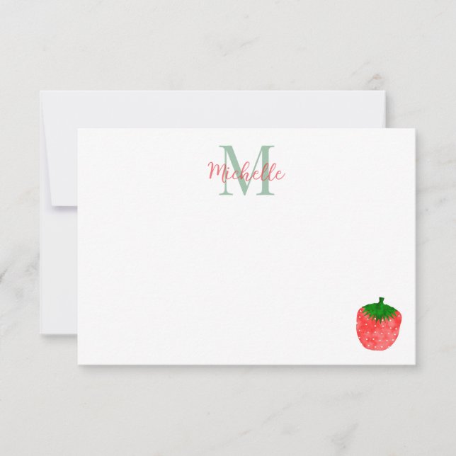 Cartão De Notas Cute Watercolor Strawberry Personalized Monogram (Frente)
