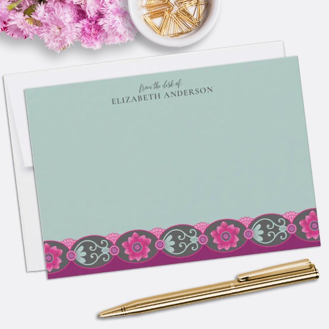 Cartão De Notas Da Mesa de Floral Teal Bonito (Elegant teal floral personalized note cards. Personalize them with your name.)
