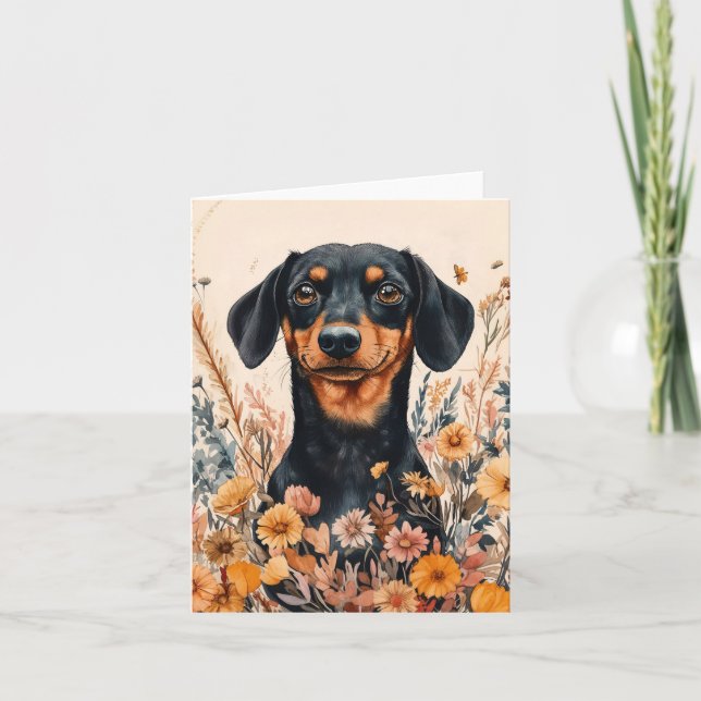 Cartão De Notas Dachshund Bonito com Pintura de Flores Selvagens (Frente)