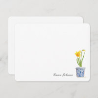 Daffodil de aquarelas em pote azul e branco