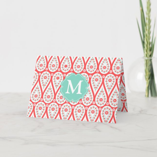 Cartão De Notas Damasco elegante moderno Paisley coral (Frente)