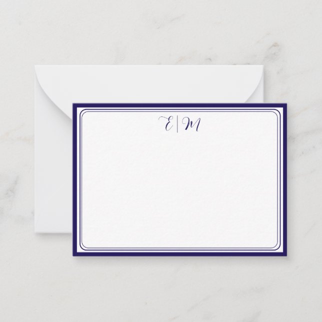 Cartão De Notas  Dark Blue three Border Monogram Note Card (Frente)