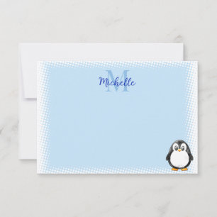 Cartão De Notas Desenho Animado de Pinguim Fofo com Monograma Azul