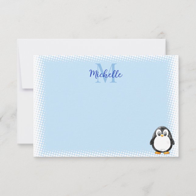 Cartão De Notas Desenho Animado de Pinguim Fofo com Monograma Azul (Frente)