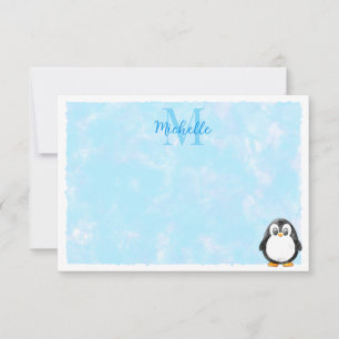 Cartão De Notas Desenho Animado de Pinguim Fofo com Monograma Pers