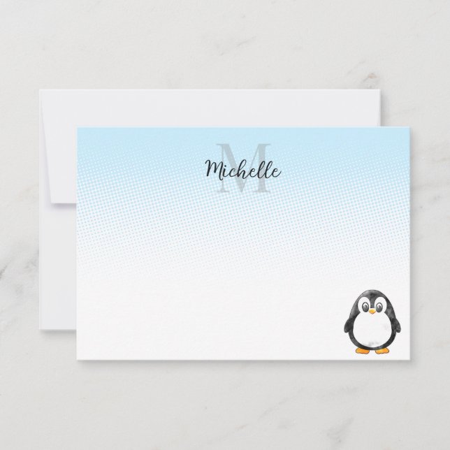 Cartão De Notas Desenho de Pinguim Fofo com Monograma Personalizad (Frente)