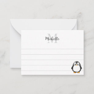 Cartão De Notas Desenho de pinguim fofo personalizado com monogram
