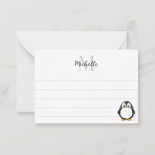 Cartão De Notas Desenho de pinguim fofo personalizado com monogram (Frente)