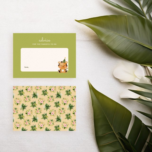 Cartão De Notas Dicas de Educação Infantil para Chás de Bebê com T (advice for the parents to be with a cute tiger watercolor illustration and tropical botanicals)