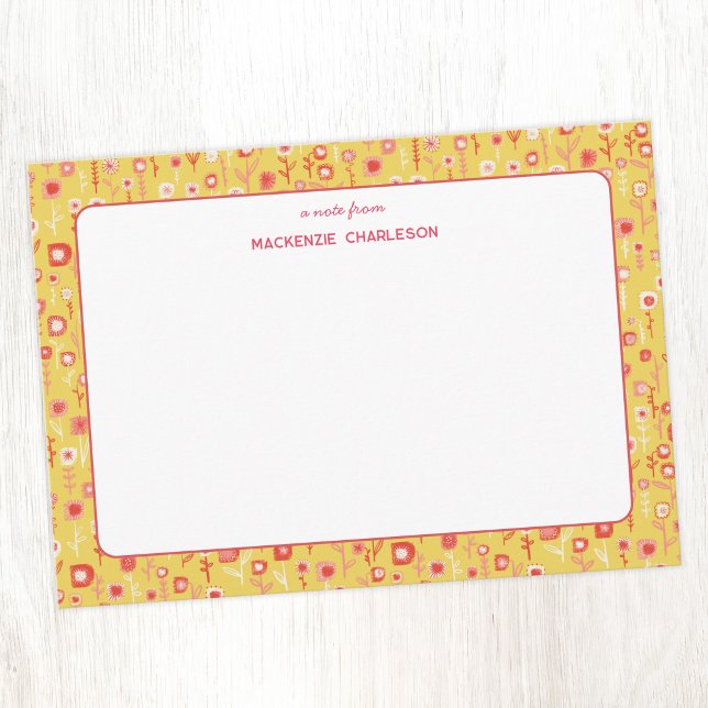 Cartão De Notas Diversão com Flores Silvestres Personalizadas (Fun retro pink and yellow flowers personalized stationery notecards)