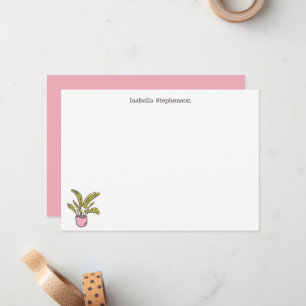 Cartão De Notas Doce Planta em Vaso Rabiscado Rosa e Branco