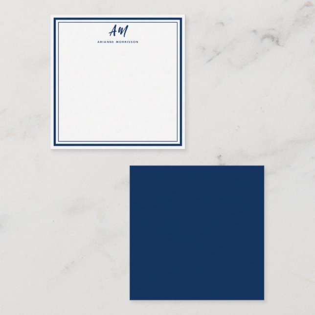 Cartão De Notas Dois Monograma Azul Marinho Casual Nome Script (Frente/Verso)