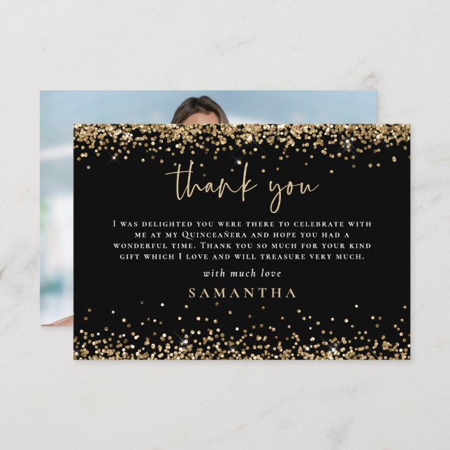 Cartão De Notas Dourada Foto Glitter Quinceañera Obrigado Preto (Frente/Verso)