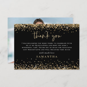 Cartão De Notas Dourada Foto Glitter Quinceañera Obrigado Preto