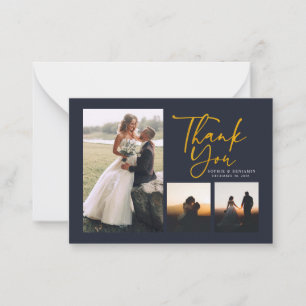 Cartão De Notas Douradas Fotos De Casamento Com Letra Mão Obrigado