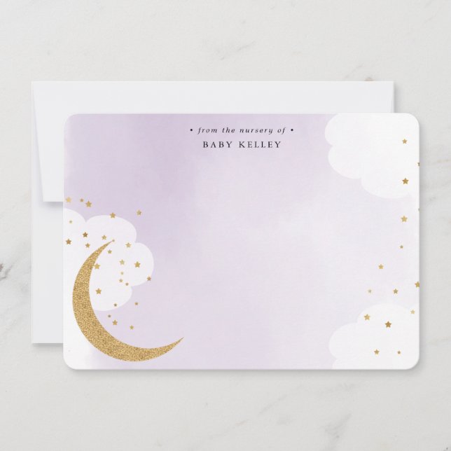 Cartão De Notas Dourado Brilho Sobre a Lua, Personalizado Roxo (Frente)