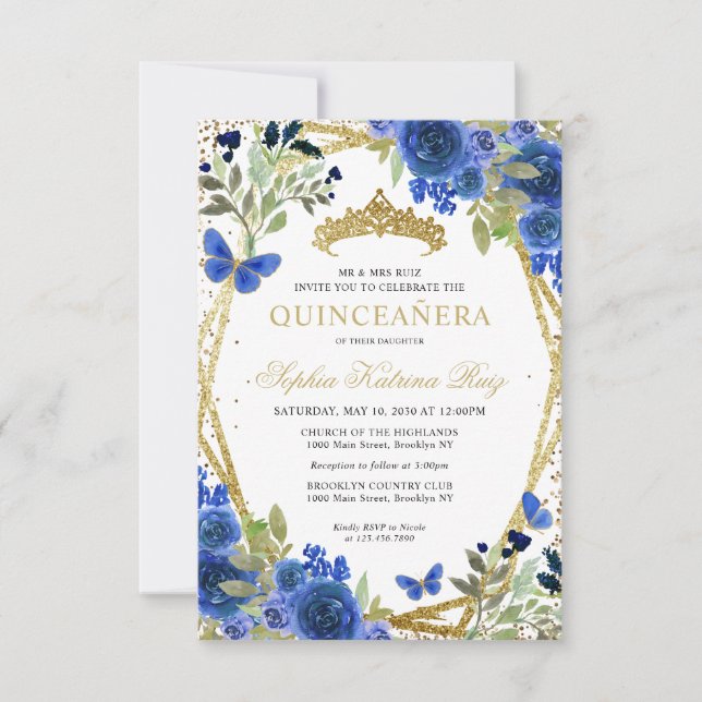 Cartão De Notas Dourado Floral Azul de Orçamento Tiara Quinceañera (Frente)