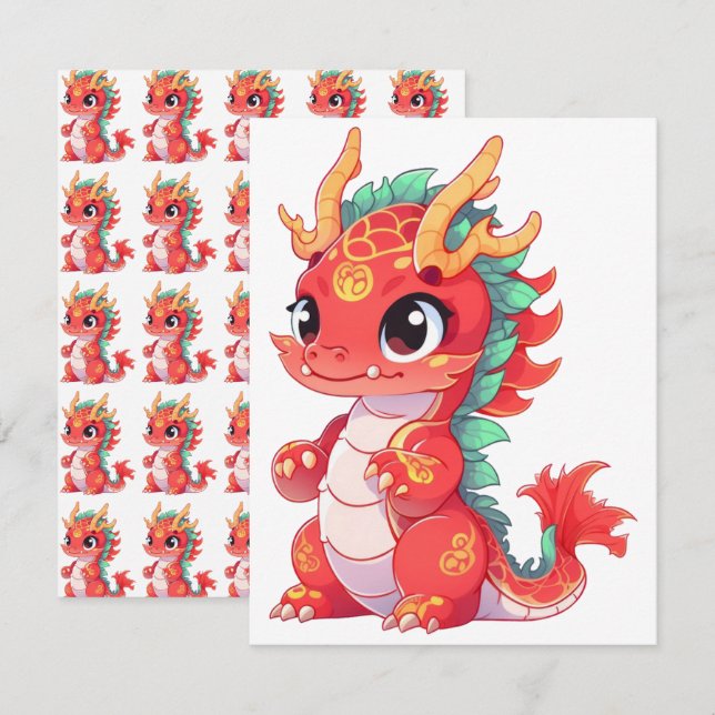 Cartão De Notas Dragão Chinês Fofo (Frente/Verso)
