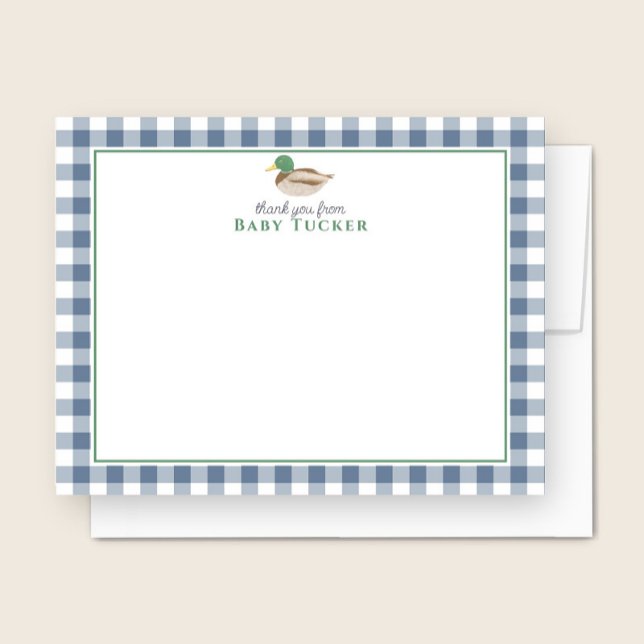 Cartão De Notas Duck Baby Boy Obrigado Carta Azul Gingham (Criador carregado)