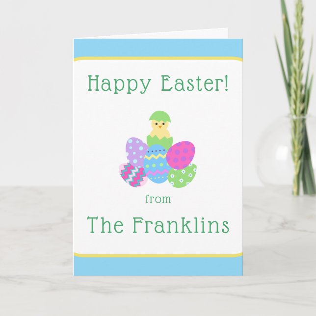 Cartão De Notas EASTER Chick Eggs and Bright Blue Greeting NAME (Frente)