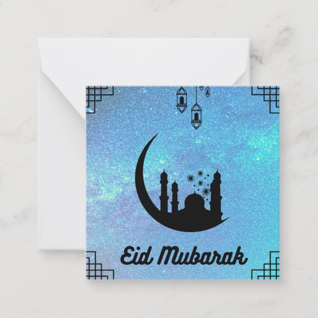 Cartão De Notas Eid Mubarak Blue Via Látea em Preto Texto Nota Car (Frente)