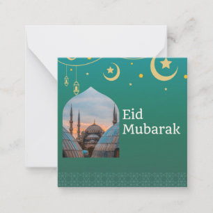 Cartão De Notas Eid Mubarak Verde e Azul com Texto Personalizável