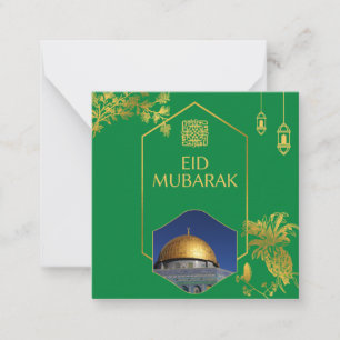 Cartão De Notas Eid Mubarak Verde e Dourado com o Texto do Ouro
