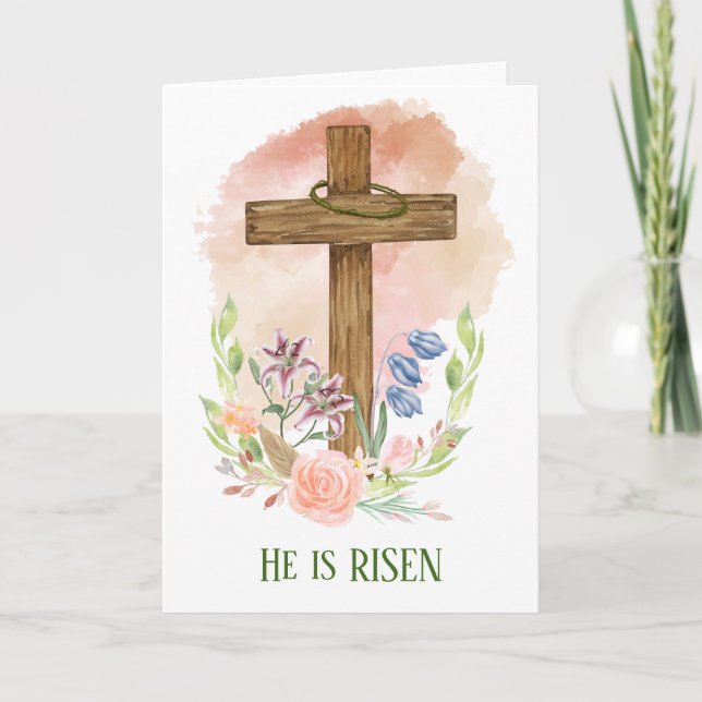 Cartão De Notas Ele É Risen Wooden Floral Cross Páscoa Card (Frente)
