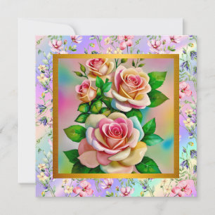 Cartão De Notas Elegância Rosas Rosa e Amarelo Aquarela Pastel