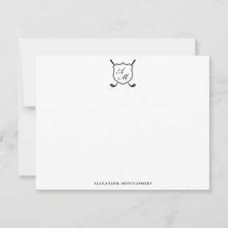 Cartão De Notas Elegant Black Golf Monogram Crest Flat Note Card