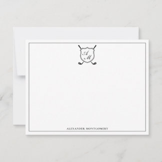 Cartão De Notas Elegant Black Golf Monogram Crest Flat Note Card