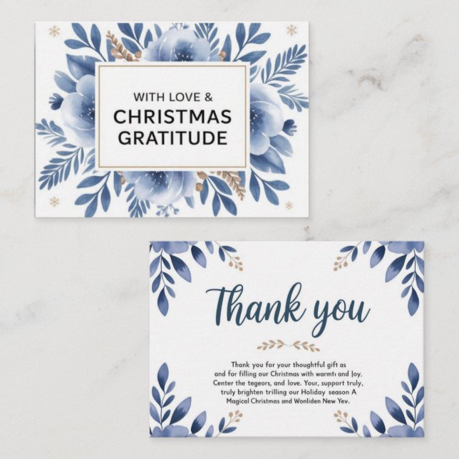 Cartão De Notas “Elegant Blue Floral Christmas Thank You Card –  (Frente/Verso)