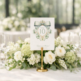 Cartão De Notas Elegant Crest with Sage Green Bow Table Number
