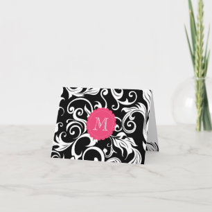 Cartão De Notas Elegant Floral Monogram Note Card Black White Pink