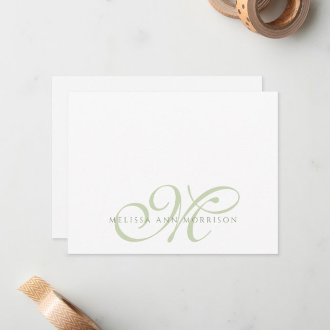 Cartão De Notas Elegant Script Name Green Monogram Flat Note Card (Frente/Verso In Situ)