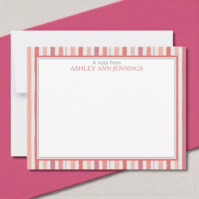 Cartão De Notas Elegant Striped Pink Personalized Stationery (Elegant striped pink watercolor personalized notecard with custom name)