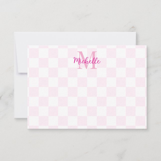 Cartão De Notas Elegant White and Pink Checkerboard Custom Name (Frente)