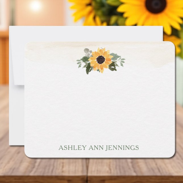 Cartão De Notas Elegant Yellow Sunflower Personalized Stationery (Elegant sunflower watercolor personalized stationery notecard with custom name)