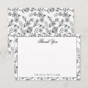 Cartão De Notas Elegante Boho Floral Preto e Branco Obrigado