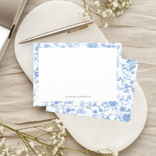 Cartão De Notas Elegante Borda Floral Azul Francesa Toile de Jouy