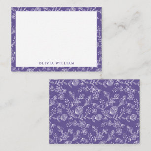 Cartão De Notas Elegante Borda Floral Boho Roxa e Branca Nome