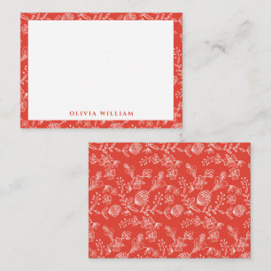 Cartão De Notas Elegante Borda Floral Boho Vermelha e Branca Nome