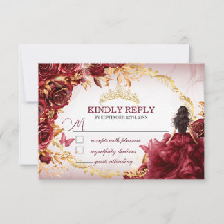 Cartão De Notas Elegante Burgundy e Rosas Douradas Quinceañera RSV