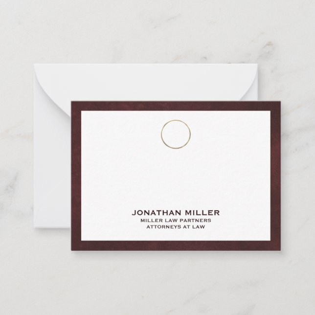 Cartão De Notas Elegante Burgundy Notecard com Dourada Lei de Logo (Frente)