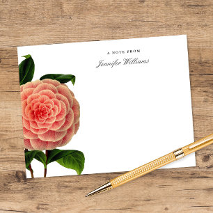 Cartão De Notas Elegante Camélia Rosa Vintage Floral com Nome