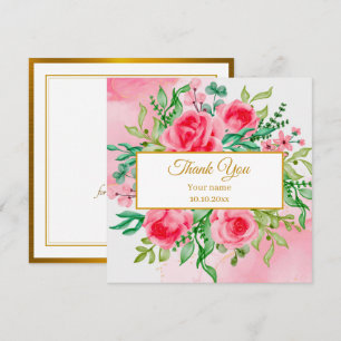 Cartão De Notas Elegante Floral Aquarela e Agradecimento em Dourad