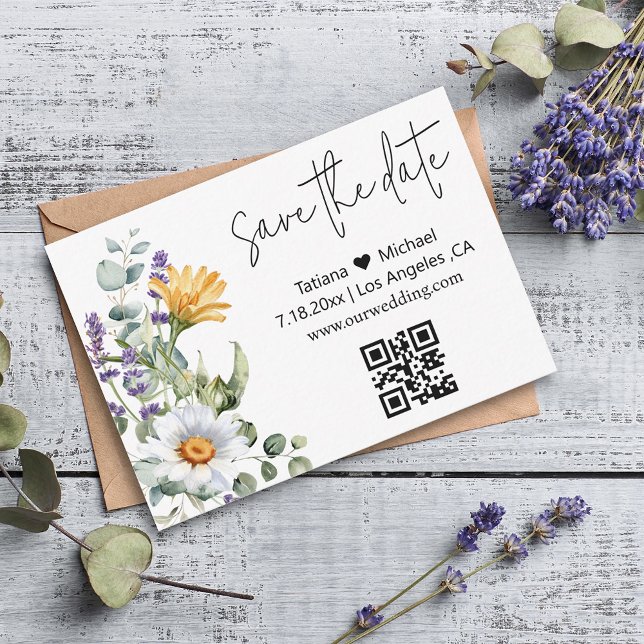 Cartão De Notas elegante moderno salvar data qr code flores silves (Criador carregado)