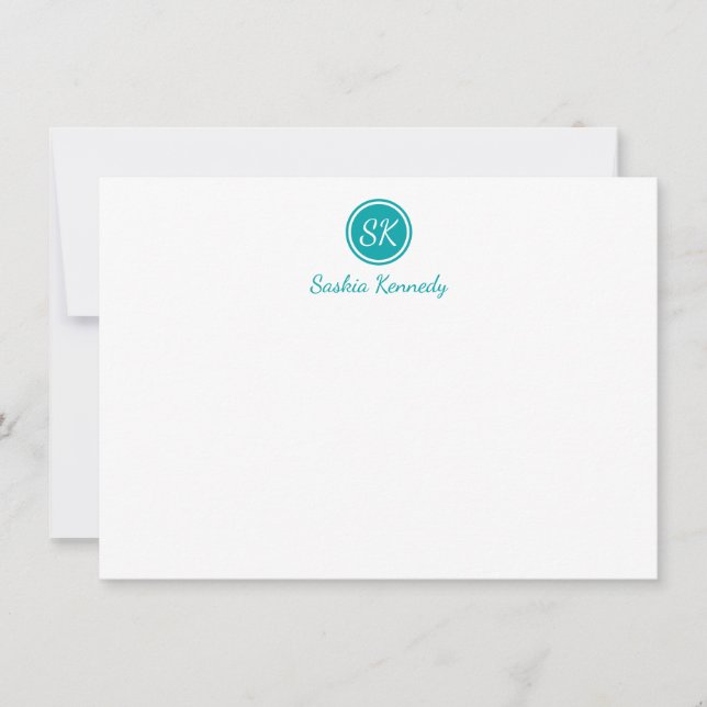 Cartão De Notas Elegante Monograma de Script Teal (Frente)